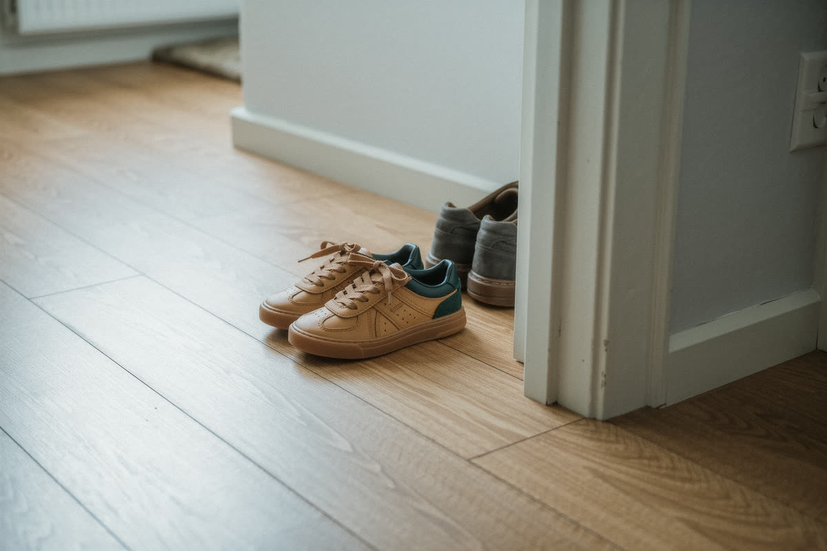 Tênis de criança ao lado de sapatos de adulto na porta de casa