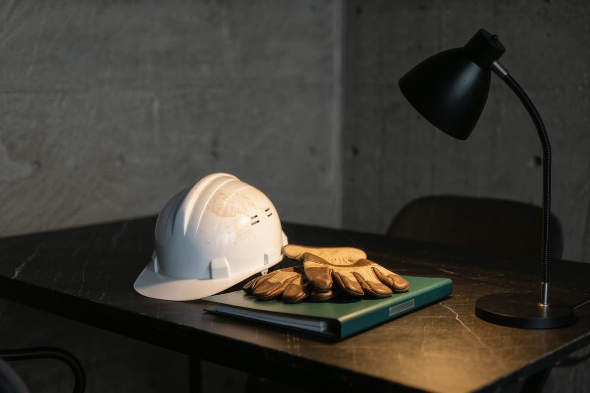 Capacete de segurança e luvas de trabalho sobre a mesa do escritório, ao lado de uma pasta verde