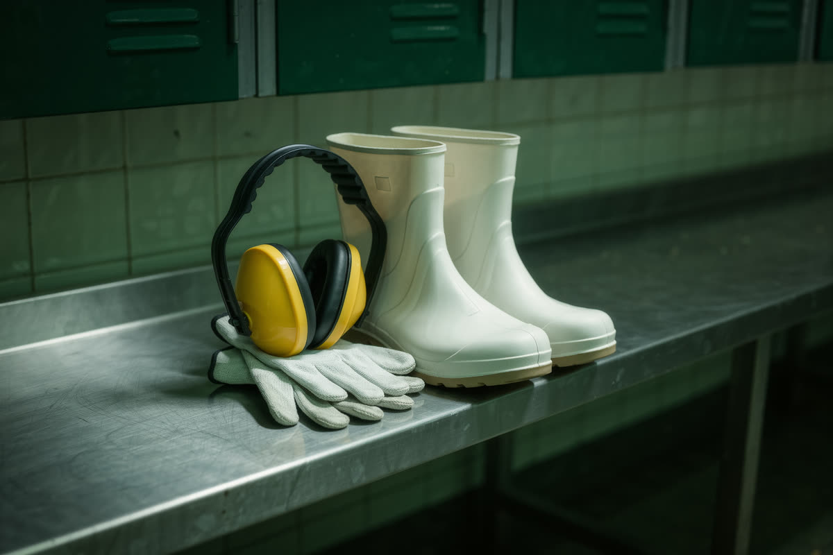 Protetor auricular, botas brancas e luvas sobre um banco de aço, num vestiário industrial