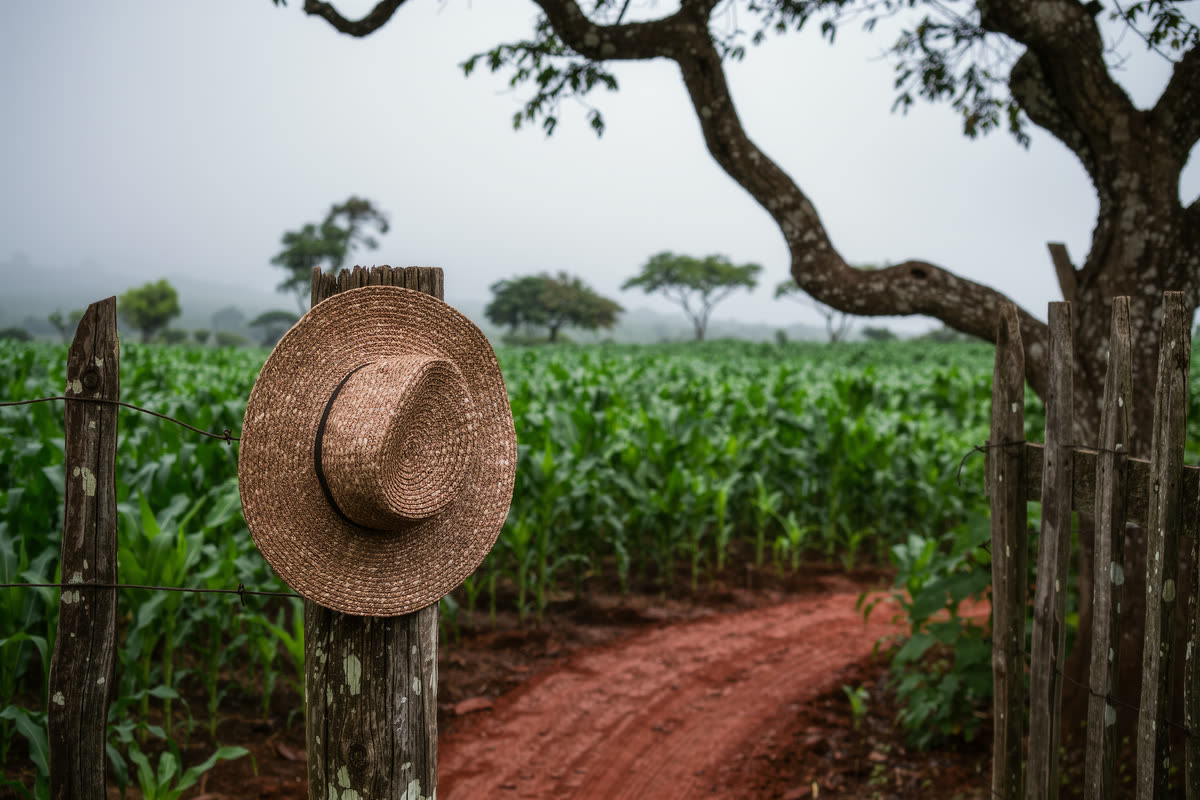 Chapéu de palha numa cerca de madeira, com plantação ao fundo, no cerrado goiano
