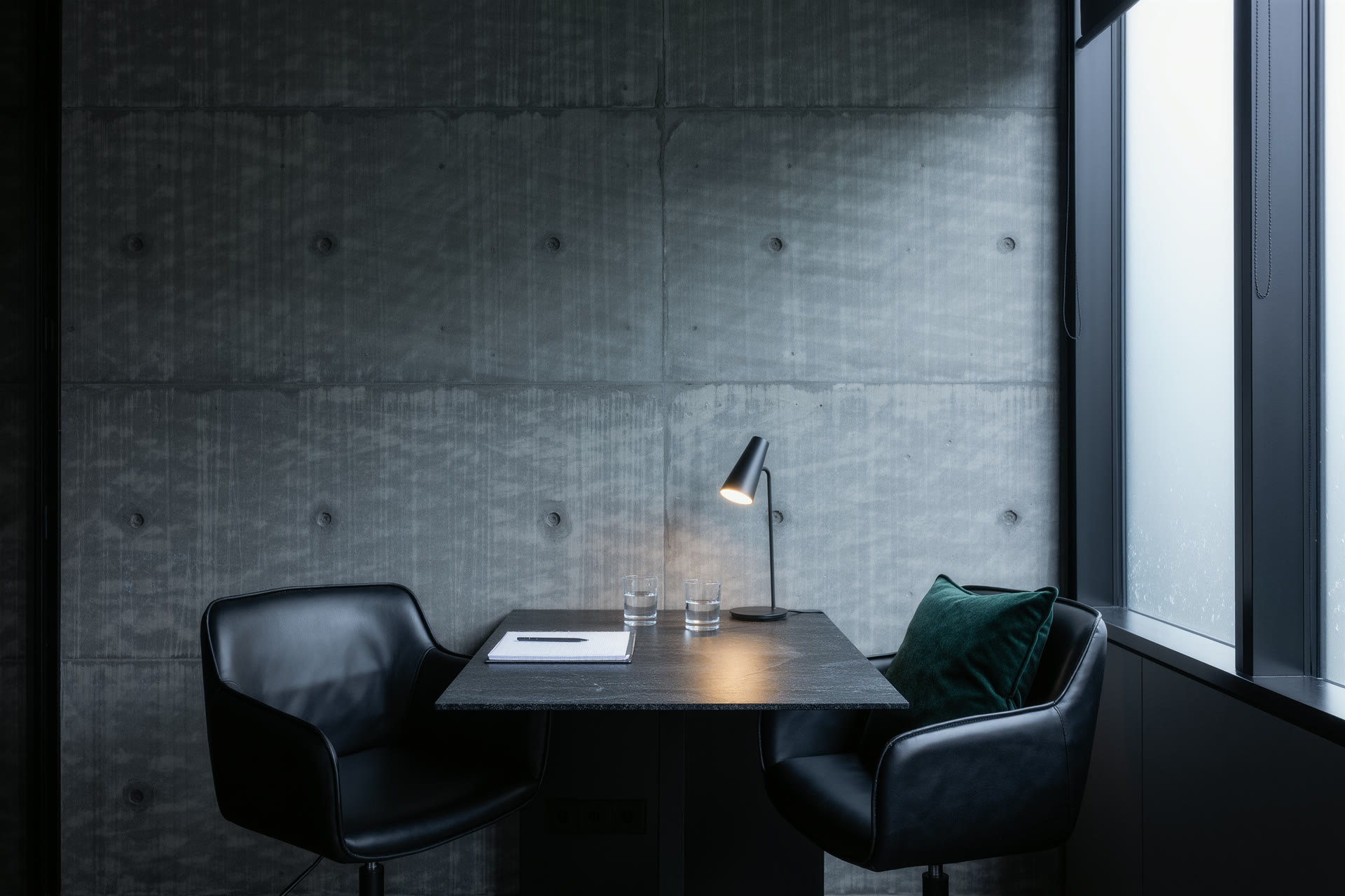 Duas cadeiras frente a frente numa mesa do escritório, prontas para a conversa